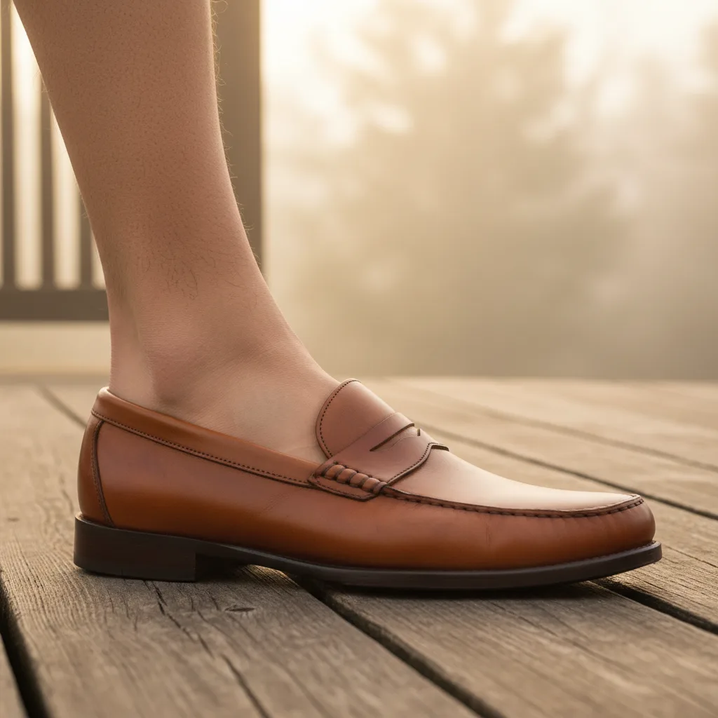 Mocassin en cuir tabac porté sans chaussettes en été